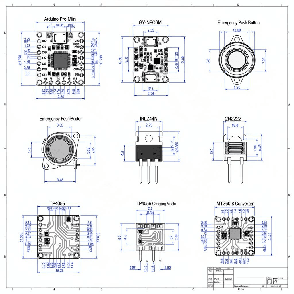 Component dimension grid — Arduino Uno Q, GPS, MOSFET, charger modules