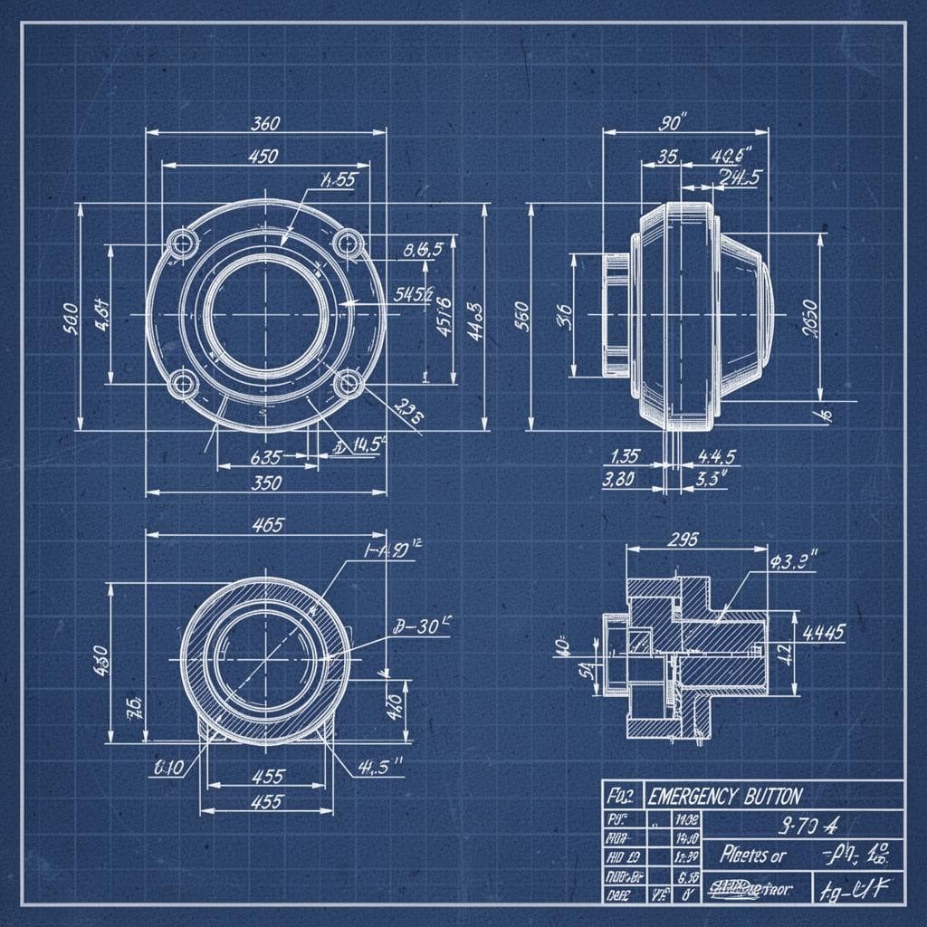 Emergency button mechanical drawings — top, side, and cross-section views